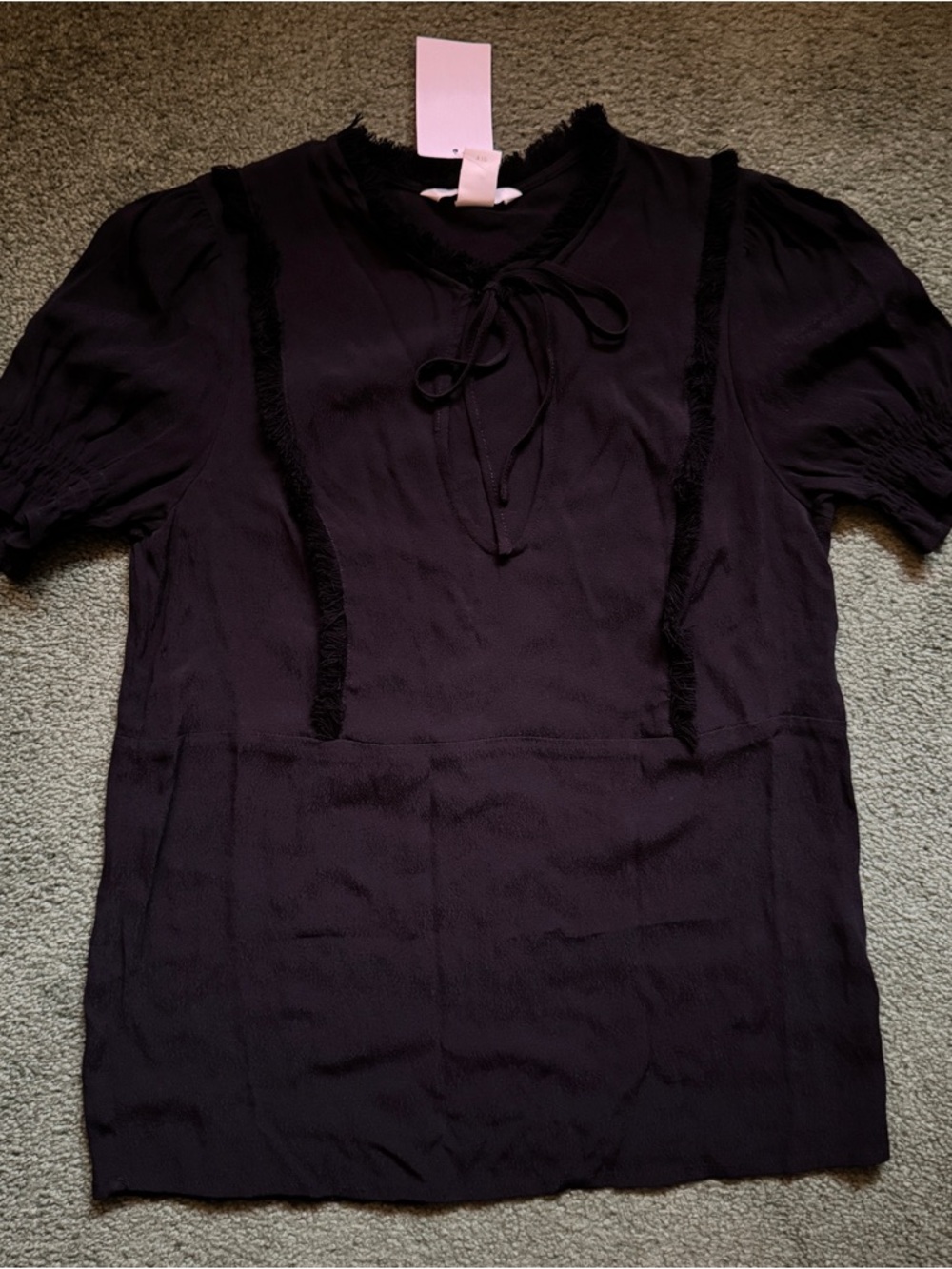 NWT H&M Black Short Sleeve Crepe Tie Neck Blouse With Fringe Detail - Size 4
